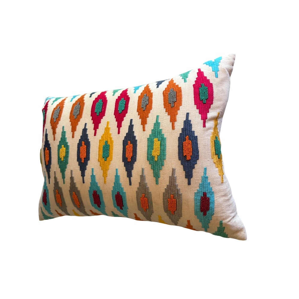 Cloud 9 Design Lumbar Pillow Multi Color Beaded Embroidered Geometric Cotton